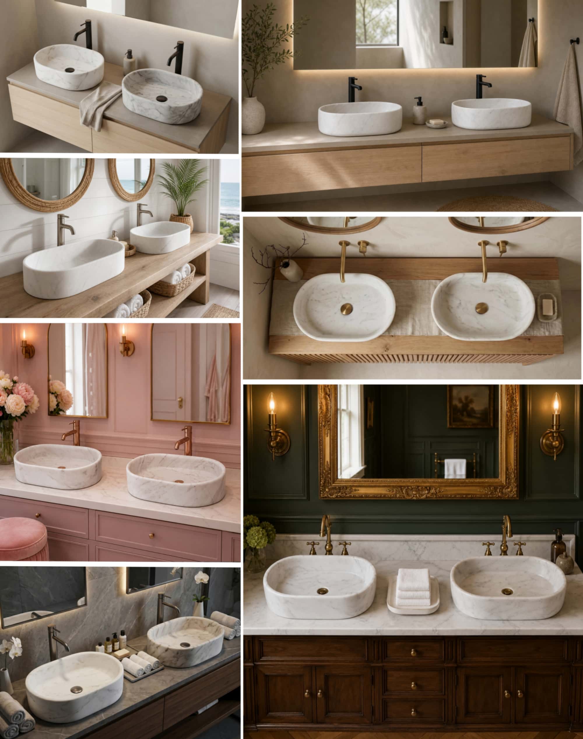 A collage of Snow Mountain White marble oval vessel sinks styled across coastal, wabi-sabi, traditional, blush and dark spa bathrooms showing versatile design pairings.