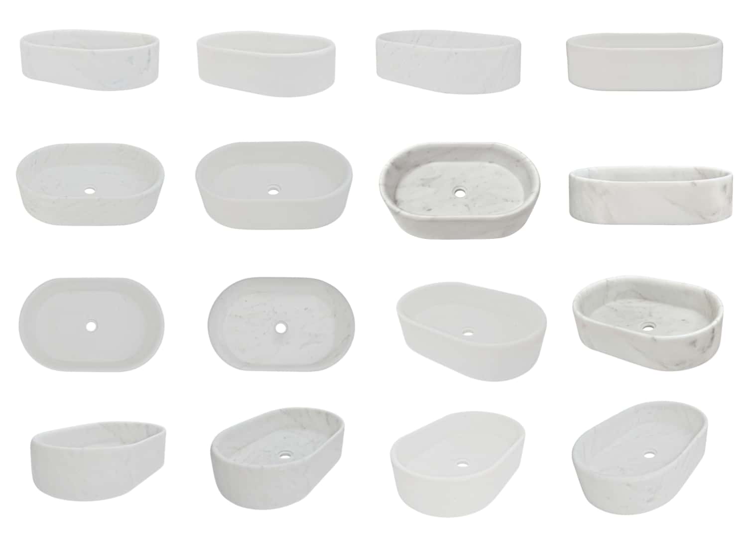 Sixteen Snow Mountain White marble oval vessel sinks shown at multiple angles, illustrating natural veining variation from near-white to bold gray—no two identical.