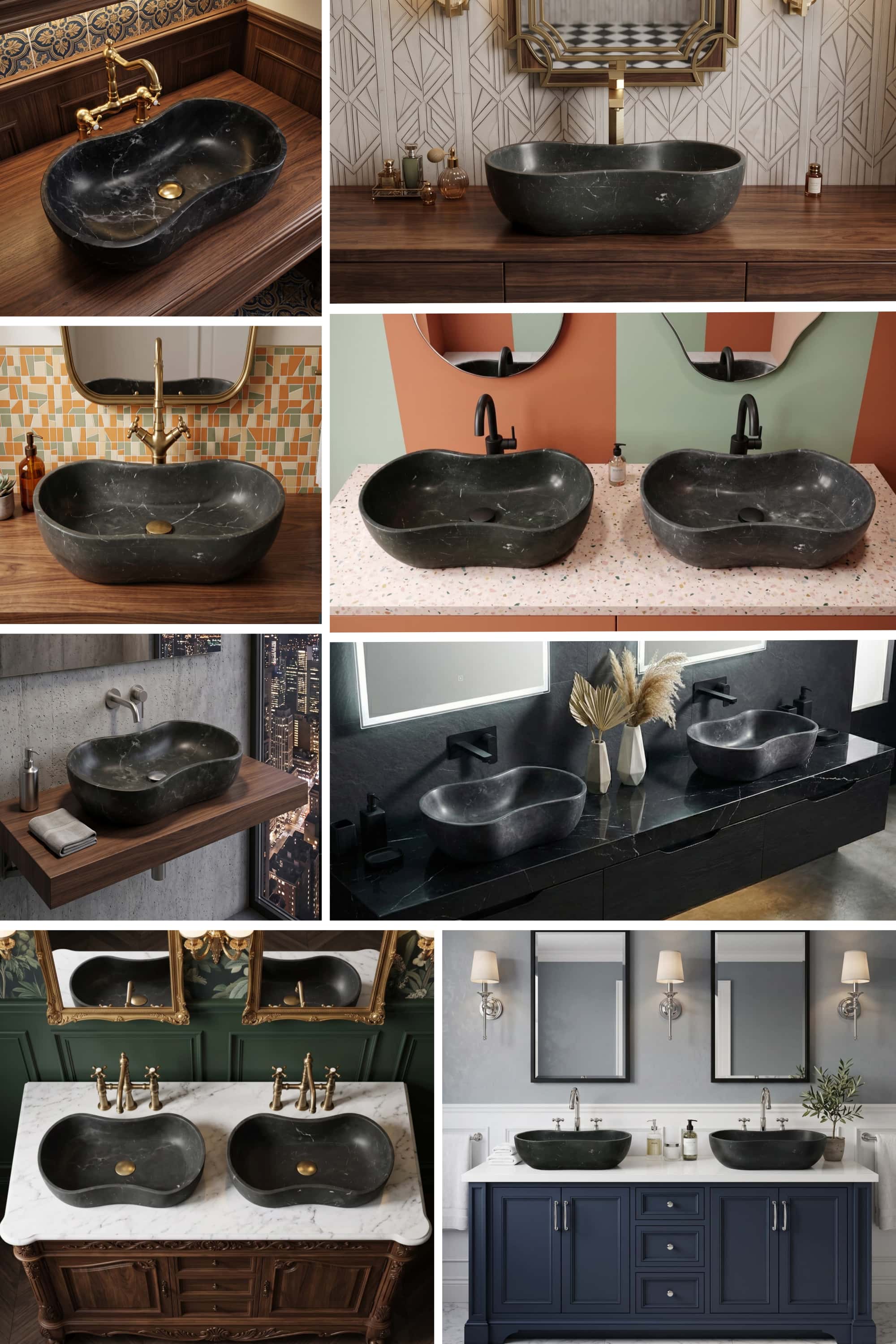 A curated style lookbook collage showcasing the honed Olive Black natural marble wave vessel sink across multiple high-end luxury bathroom interior designs.
