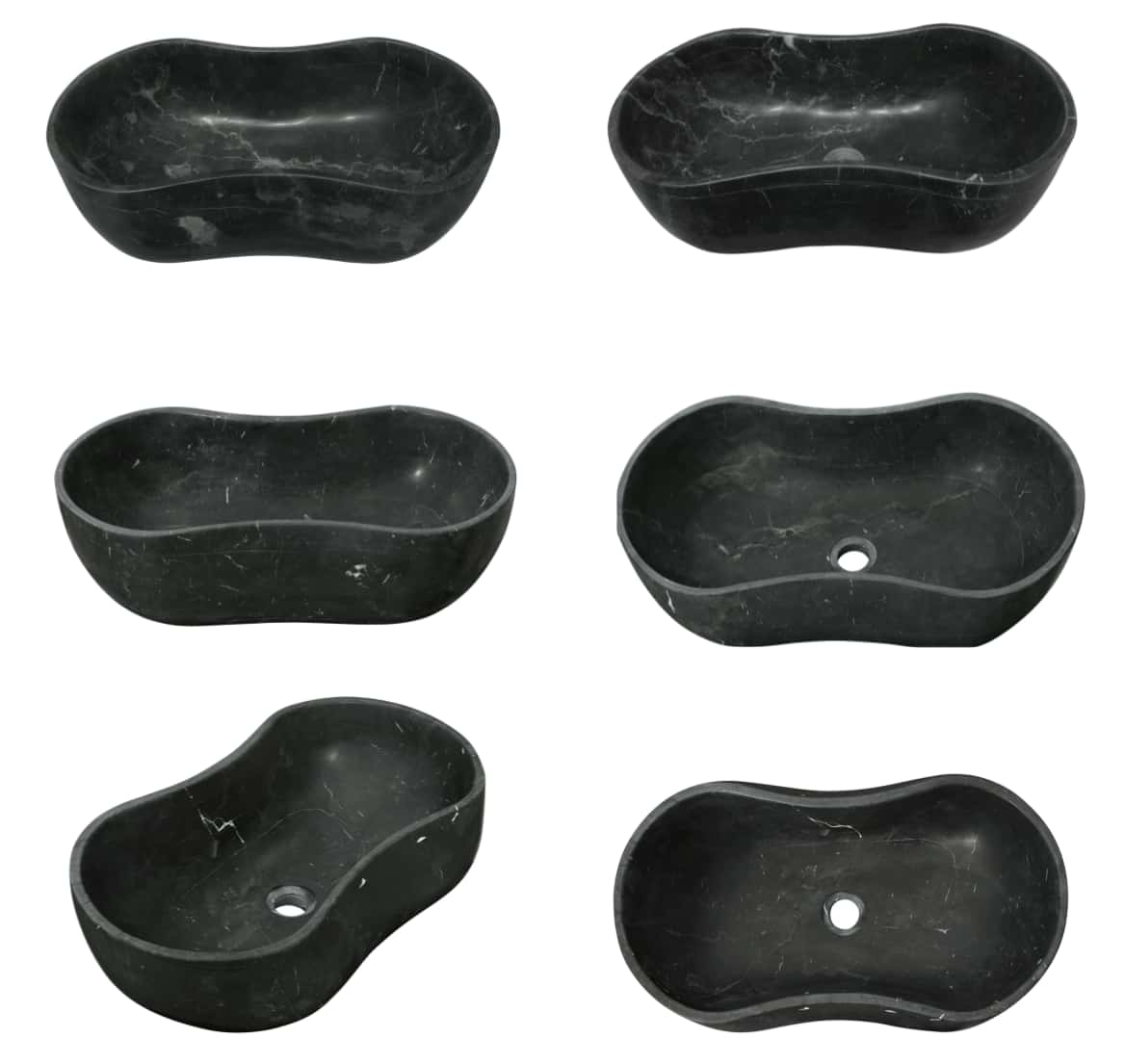 A product photo collage displaying six distinct Olive Black marble wave vessel sinks, illustrating the rich natural veining variations unique to every single piece.