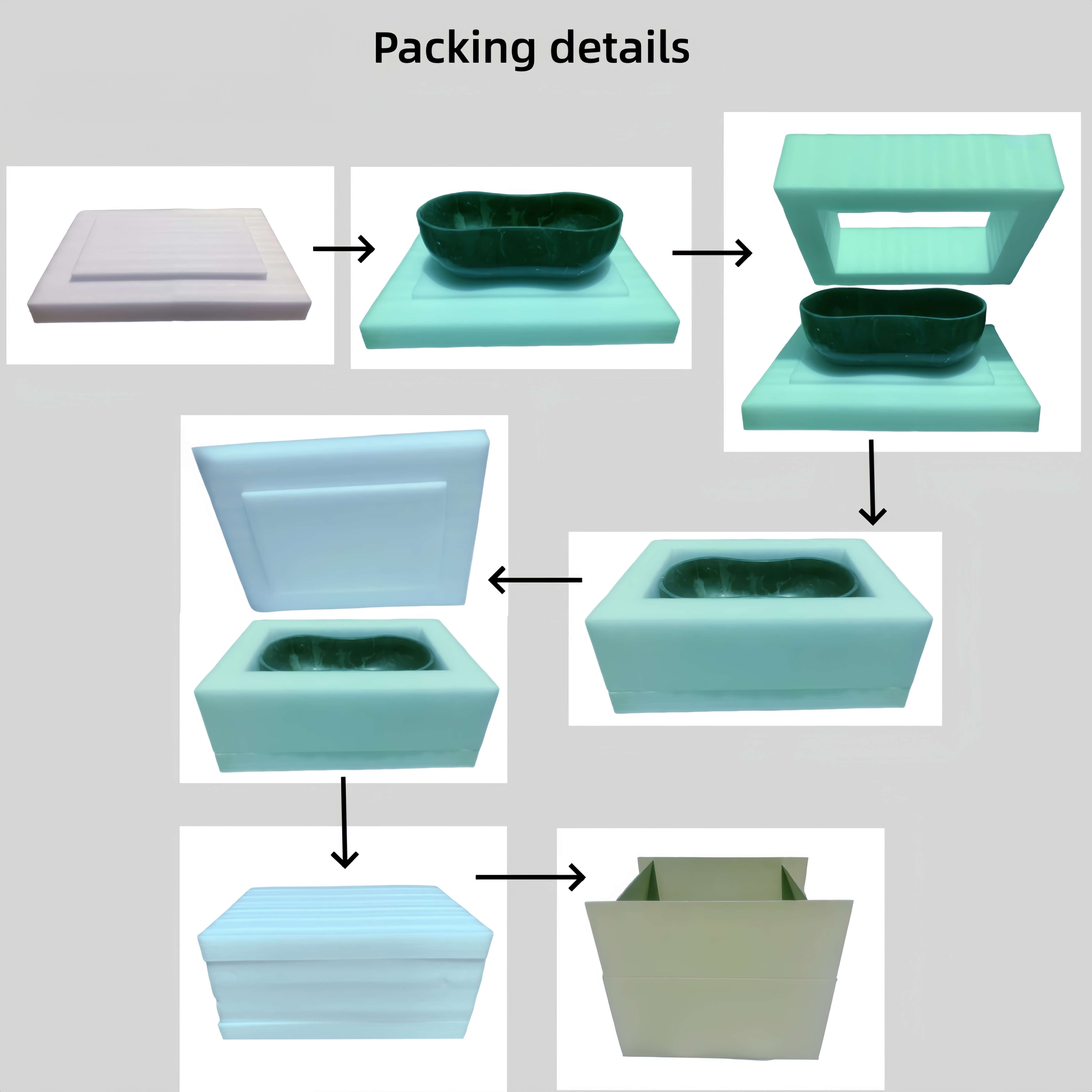 The step-by-step custom foam packaging process for the luxury Olive Black marble vessel sink, ensuring maximum transit protection.