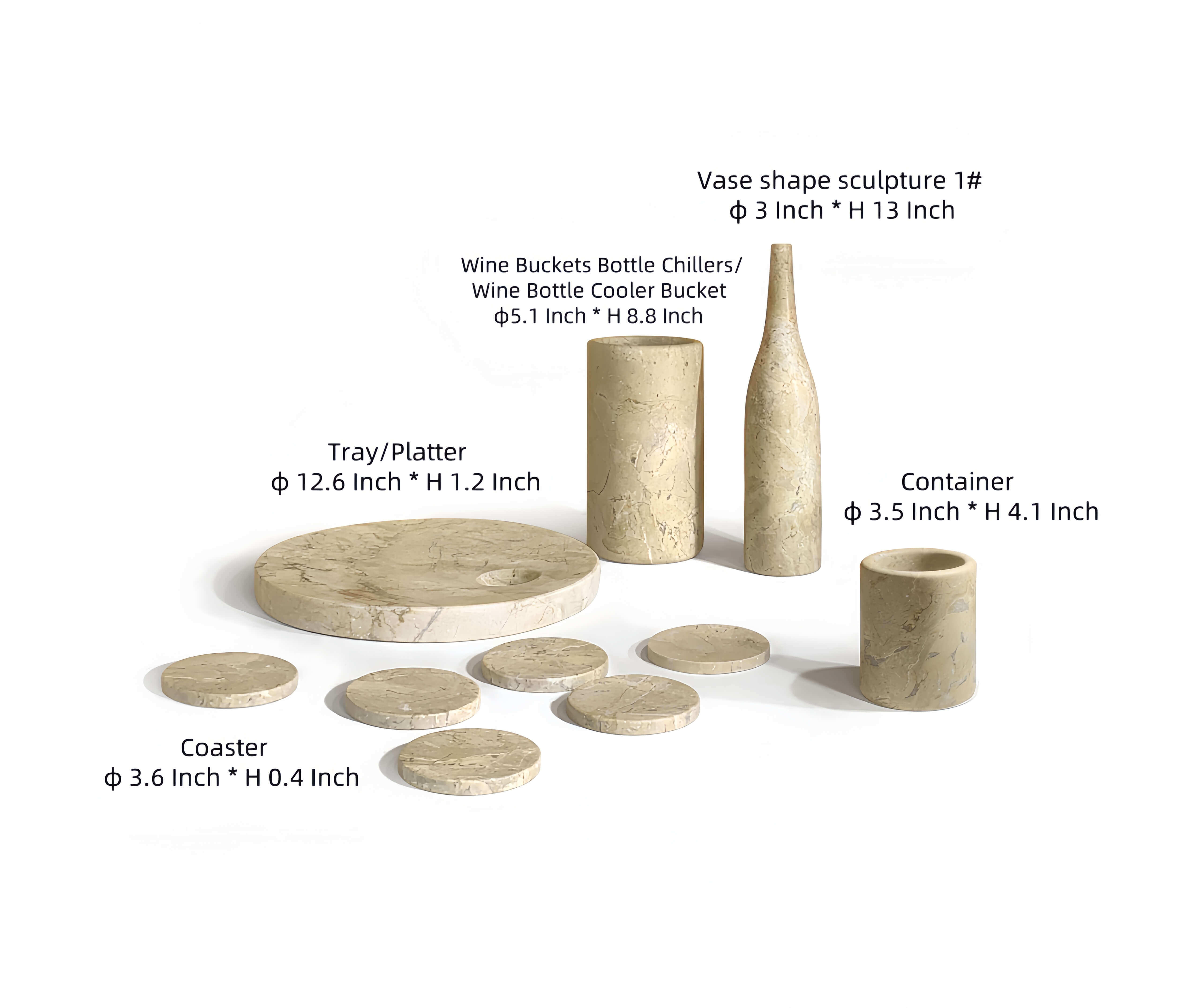 Dimensions diagram for the Hyatt Gold natural marble 10-piece dining accessories set in inches.
