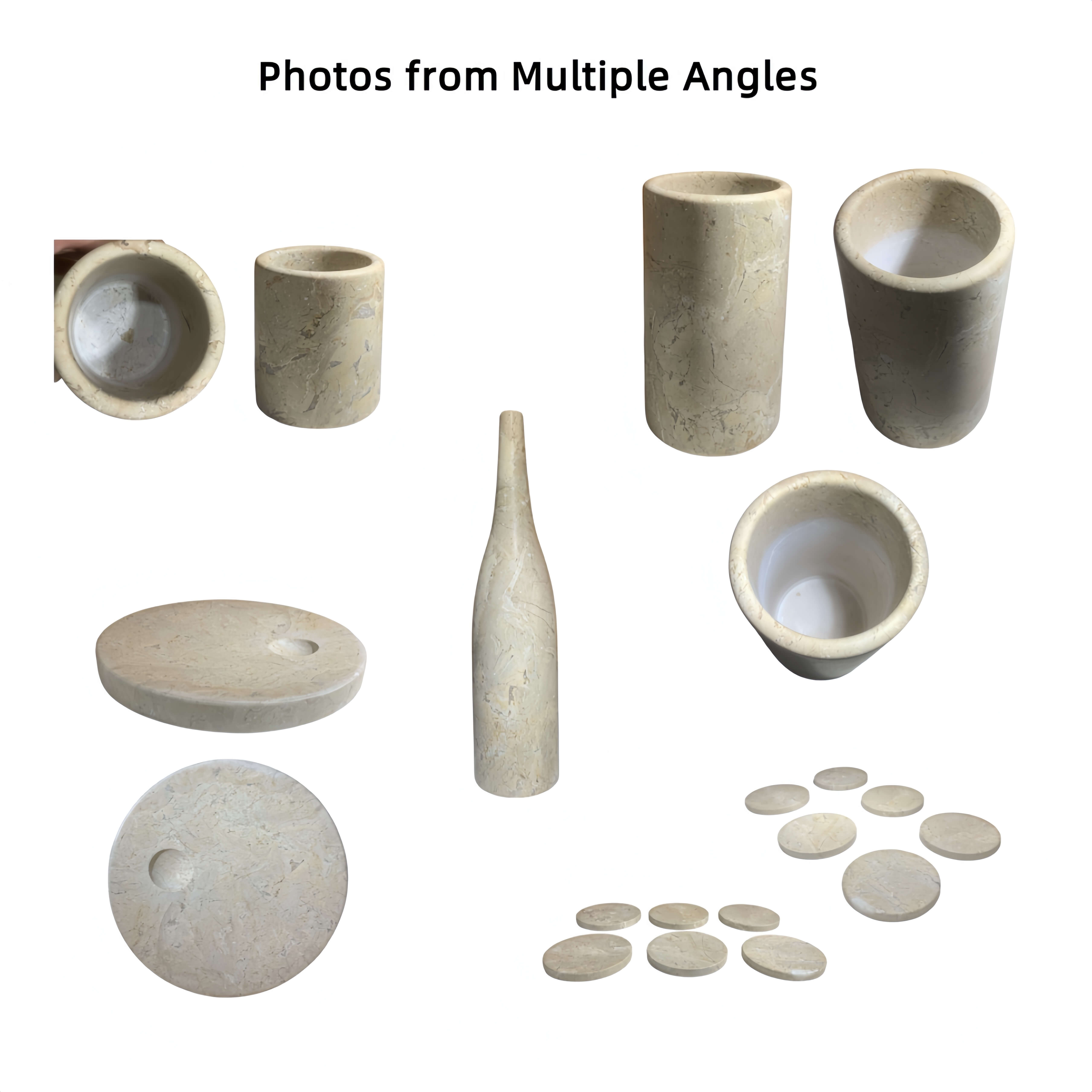 Multi-angle composite photos showing details of the Hyatt Gold natural marble honed dining pieces.