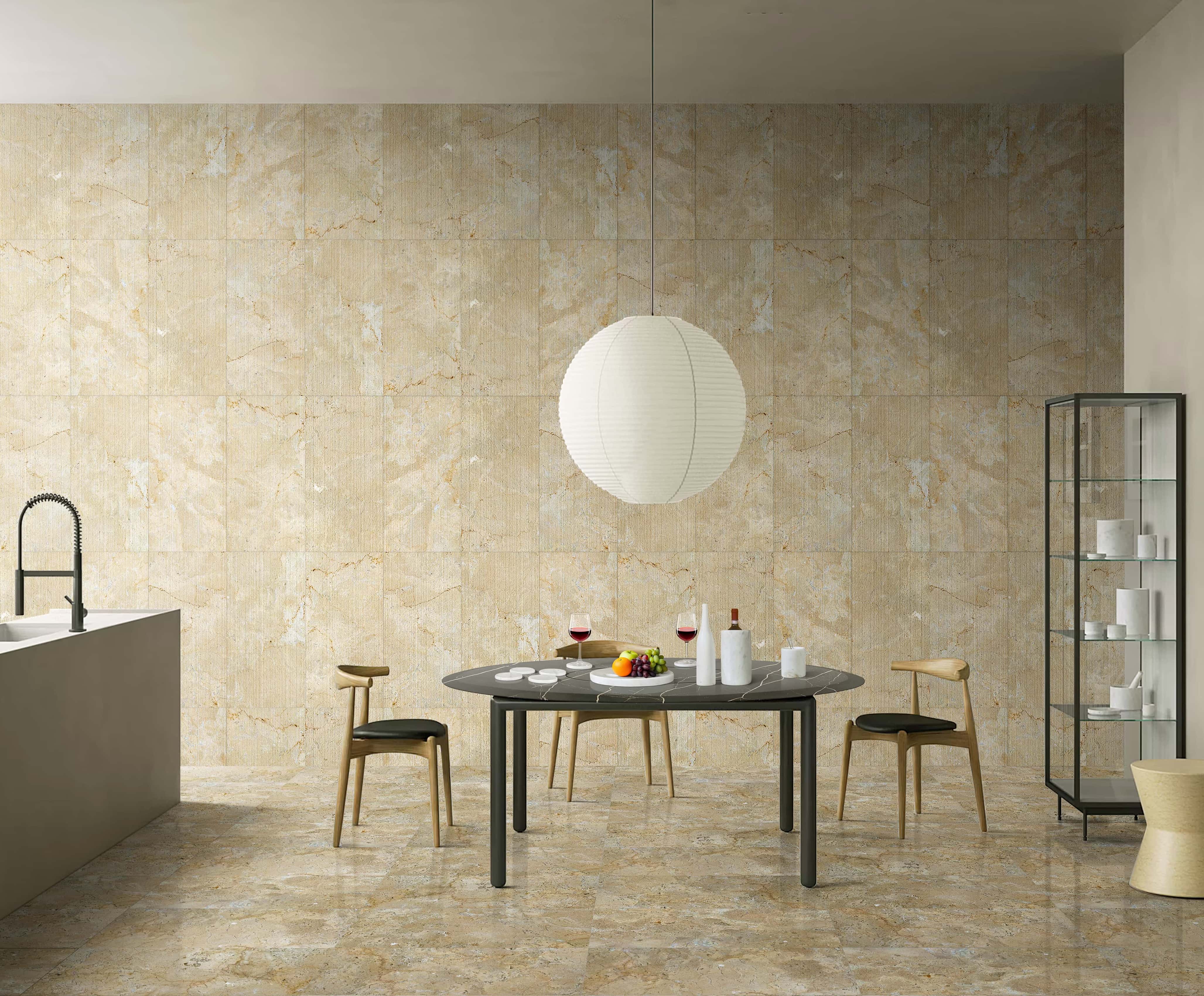Snow Mountain White marble set with Hyatt Gold polished floor and Hyatt Gold textured wall tiles.