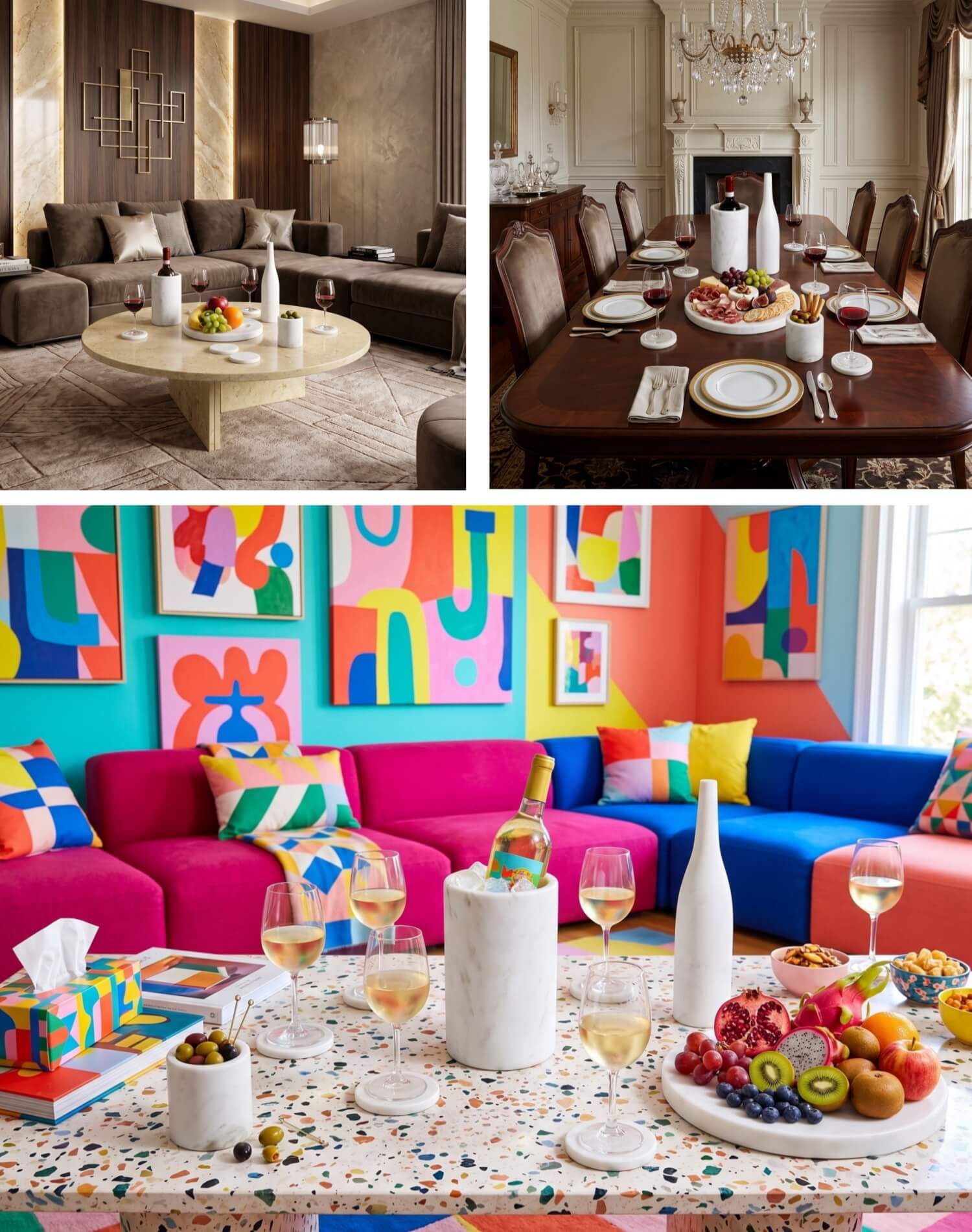 Lifestyle scenes collage showing 10pc Snow Mountain White natural marble accessories set in 3 different rooms.