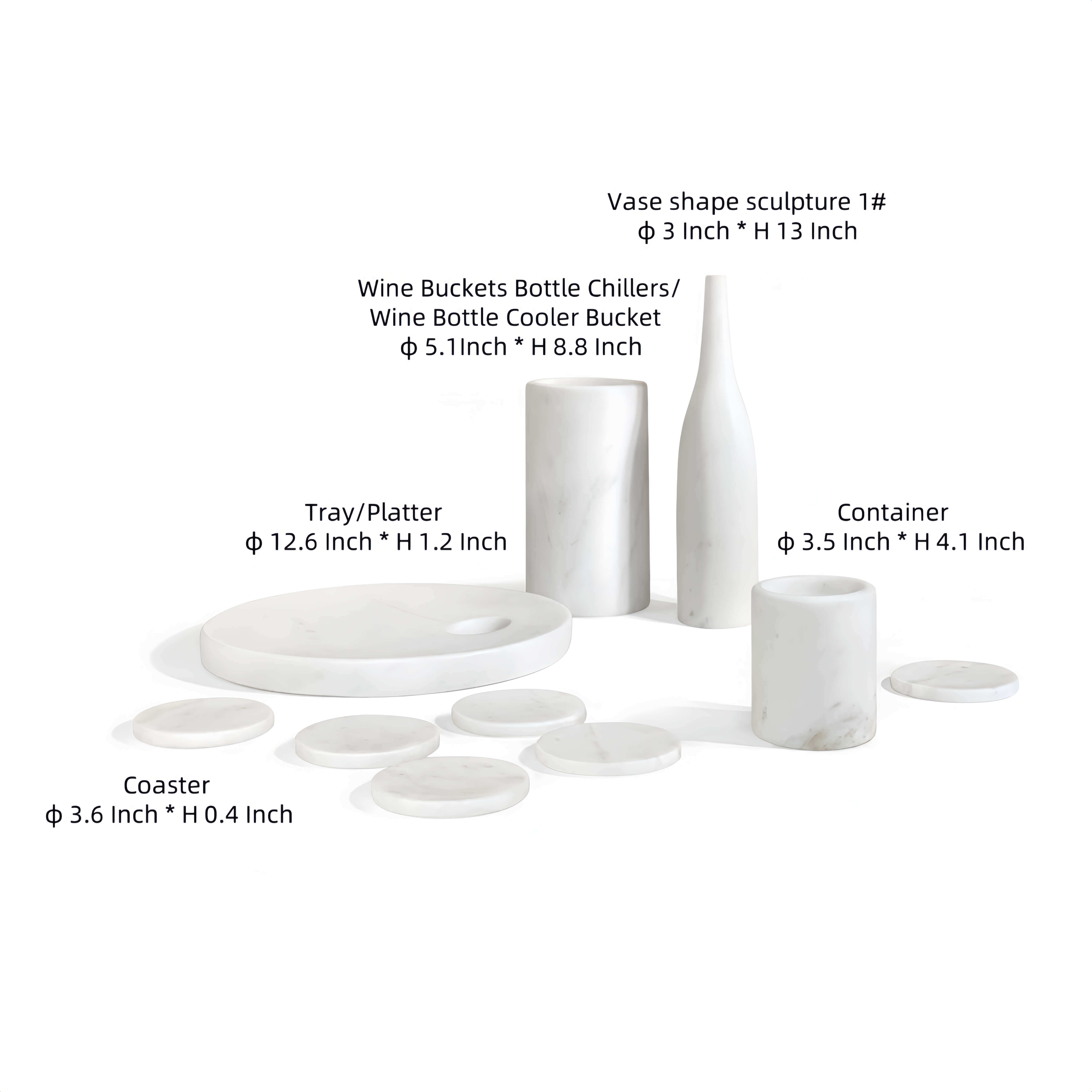 Product dimension diagram for 10pc Snow Mountain White natural marble home accessories set.