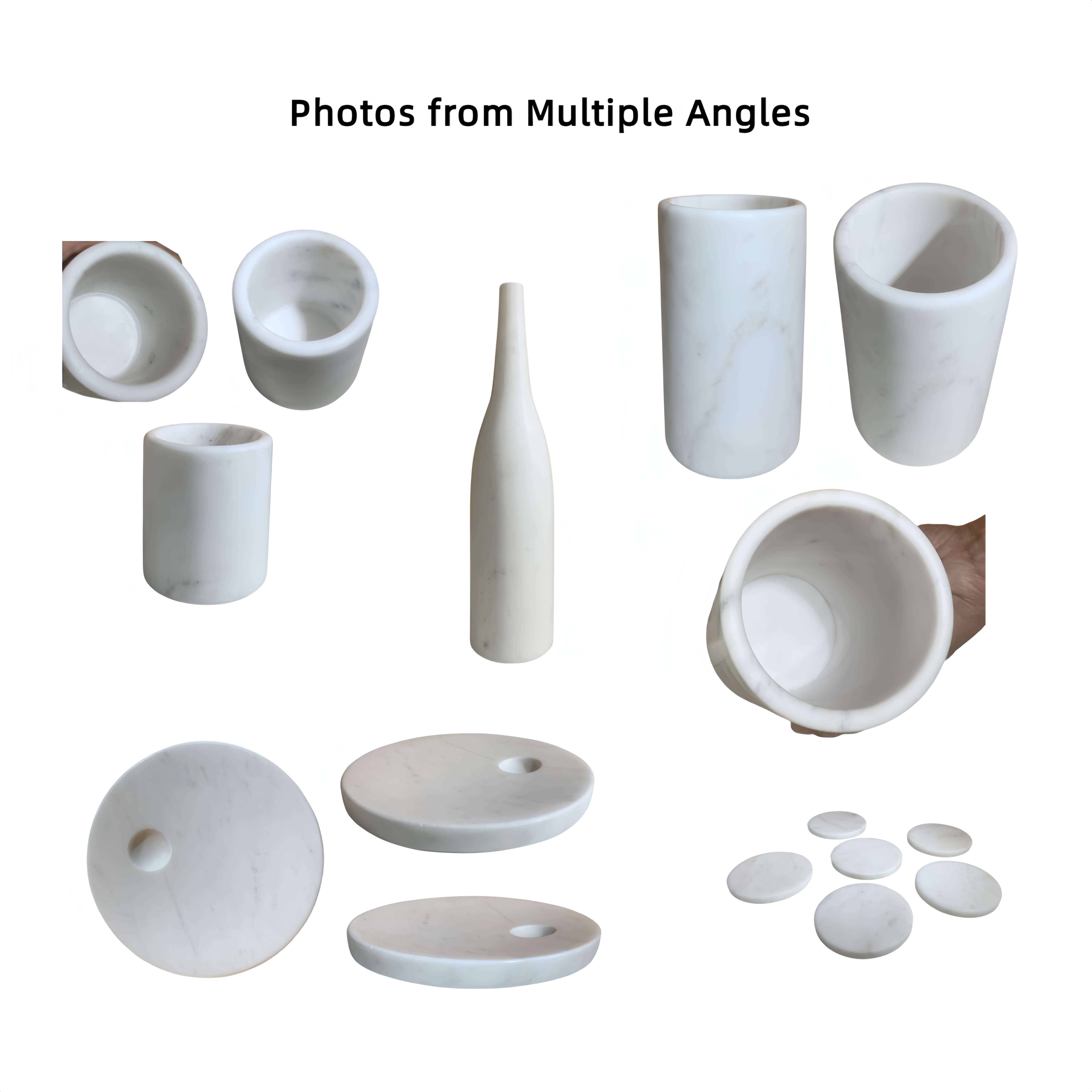 Multi-angle photo collage showing individual pieces of Snow Mountain White honed marble set.