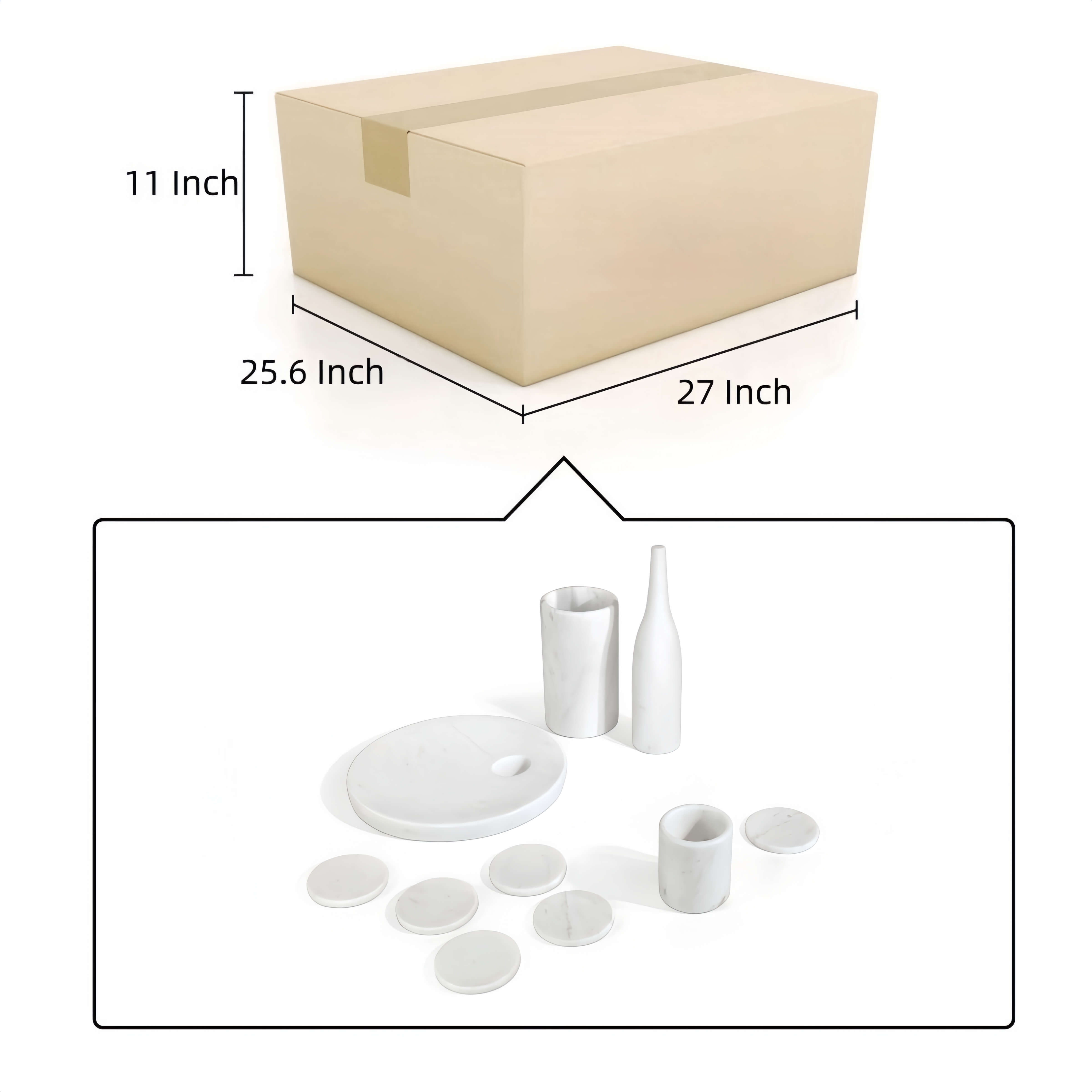 Shipping box dimensions diagram for Snow Mountain White natural marble accessories set.