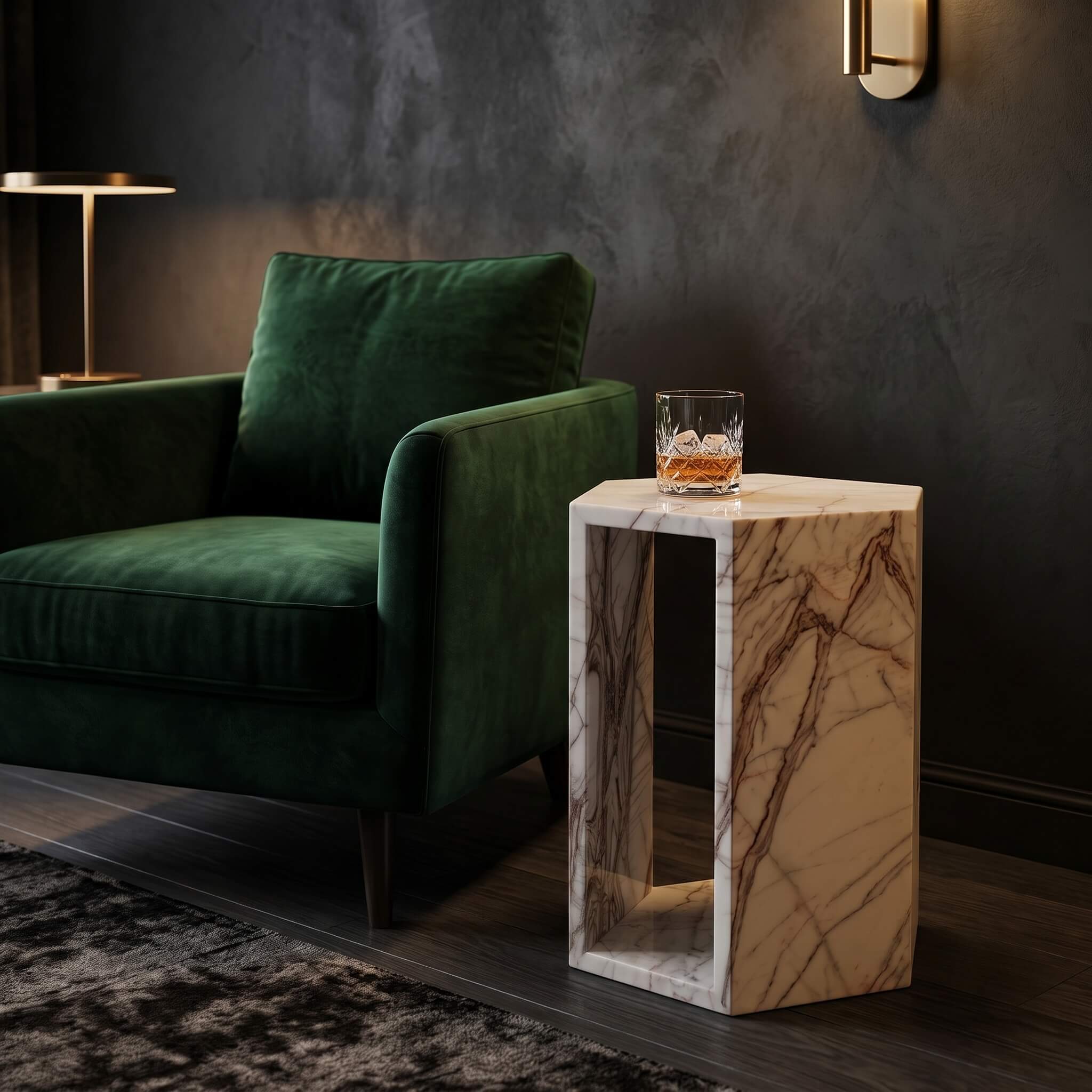 Arboris White marble hexagon side table beside green velvet armchair in dark luxury lounge.