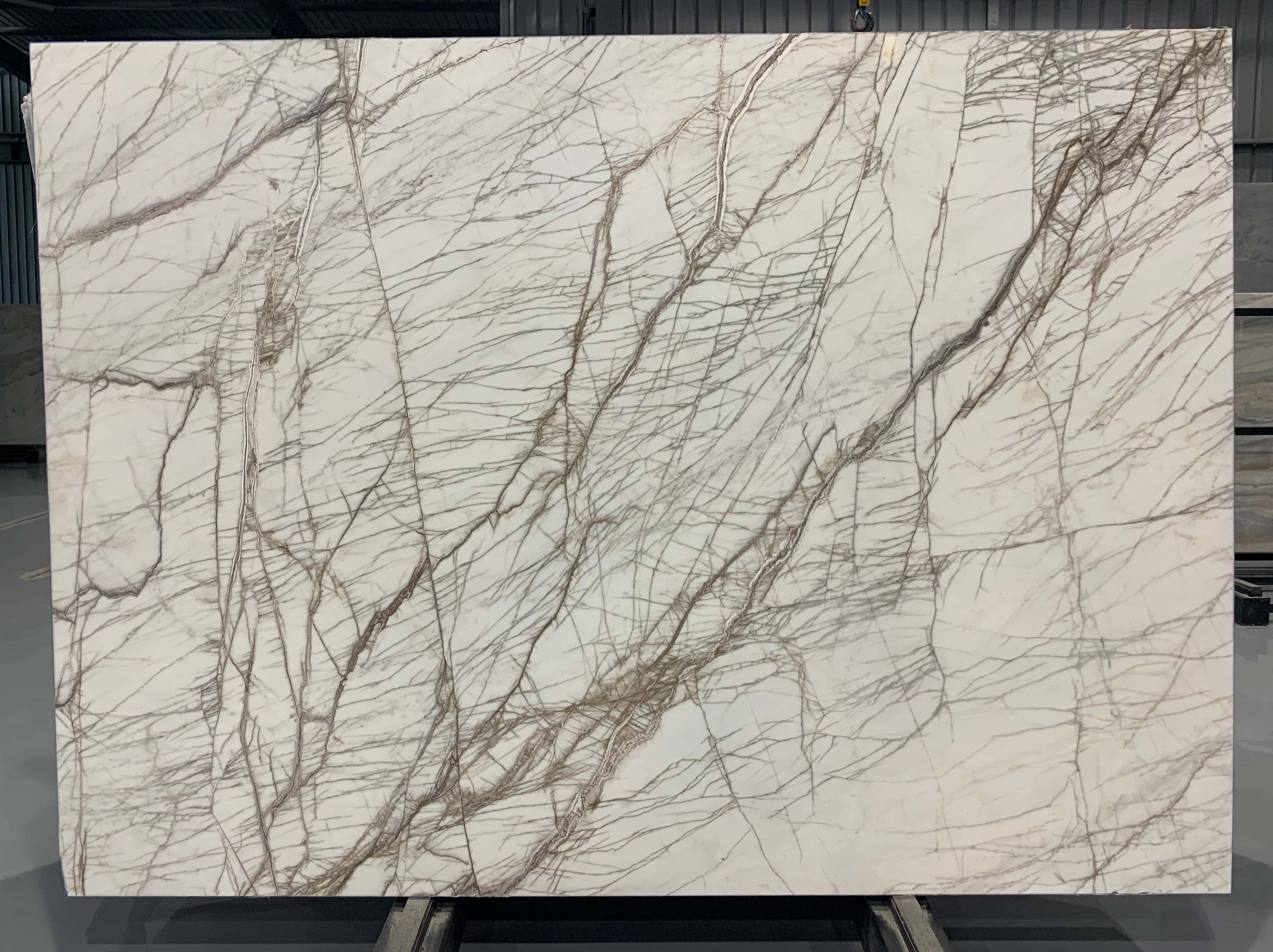 Raw slab of Arboris White natural marble displaying intricate diagonal organic veins.