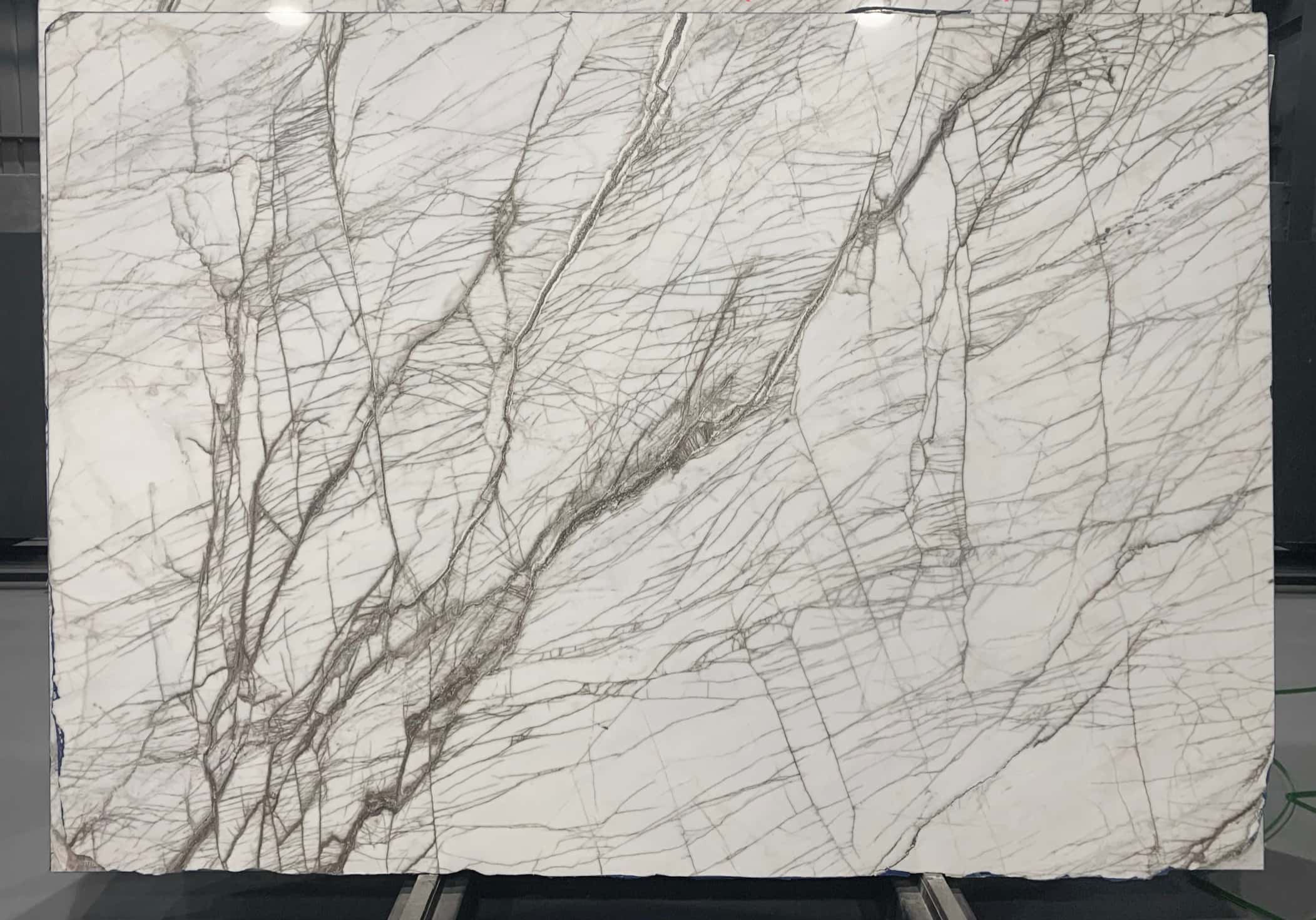 Arboris White polished natural marble slab with dark brown tree-root fossil veining.