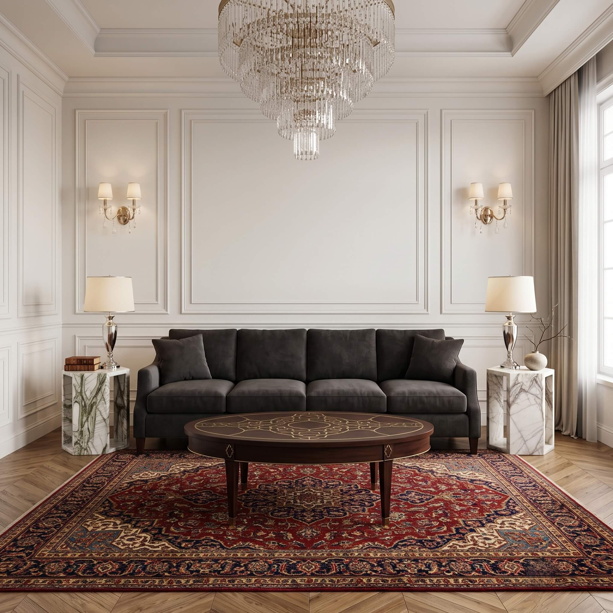 Two distinct Arboris White marble hexagon side tables flanking a dark sofa in a neoclassical living room