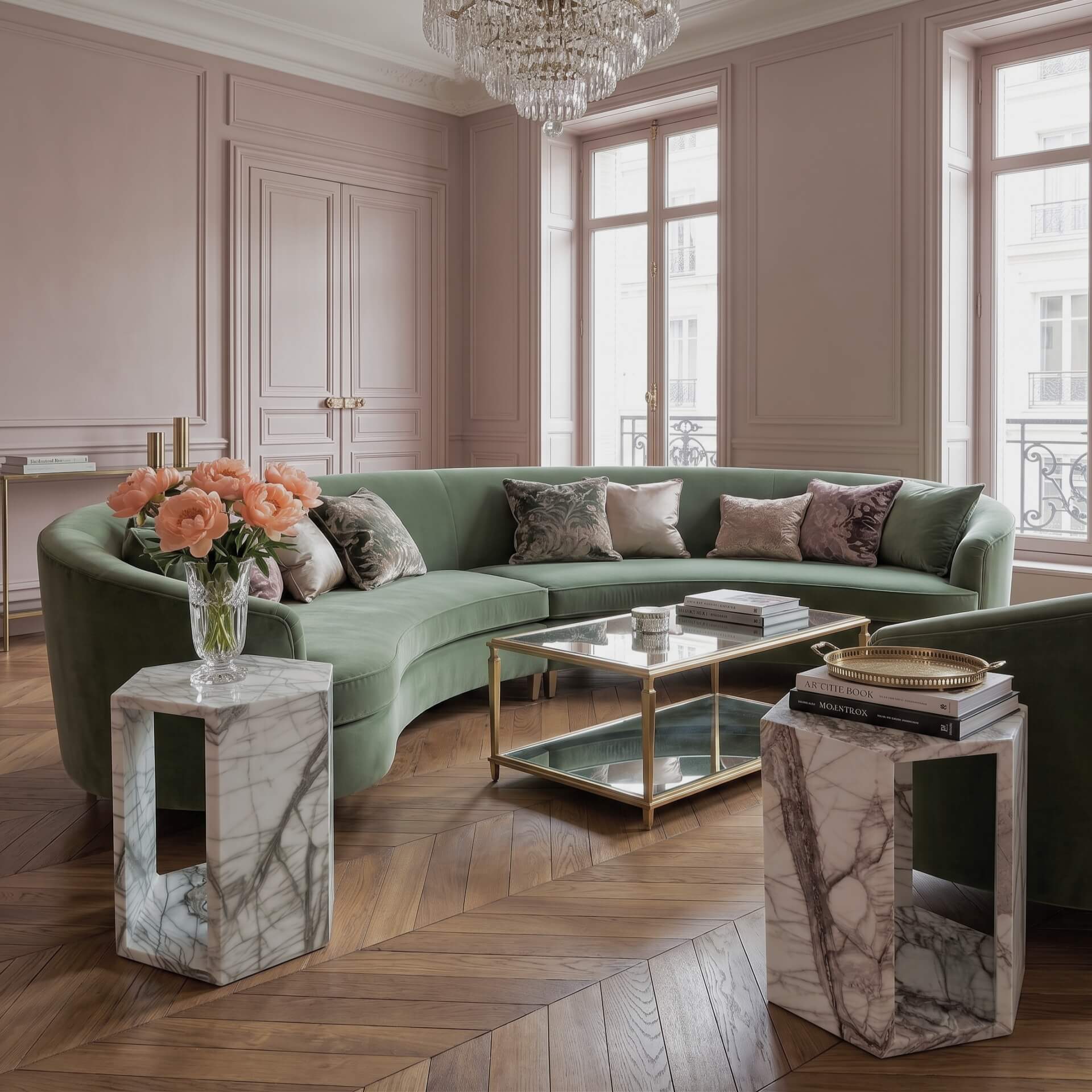 Pair of distinct Arboris White marble hexagon side tables in luxury Parisian living room.
