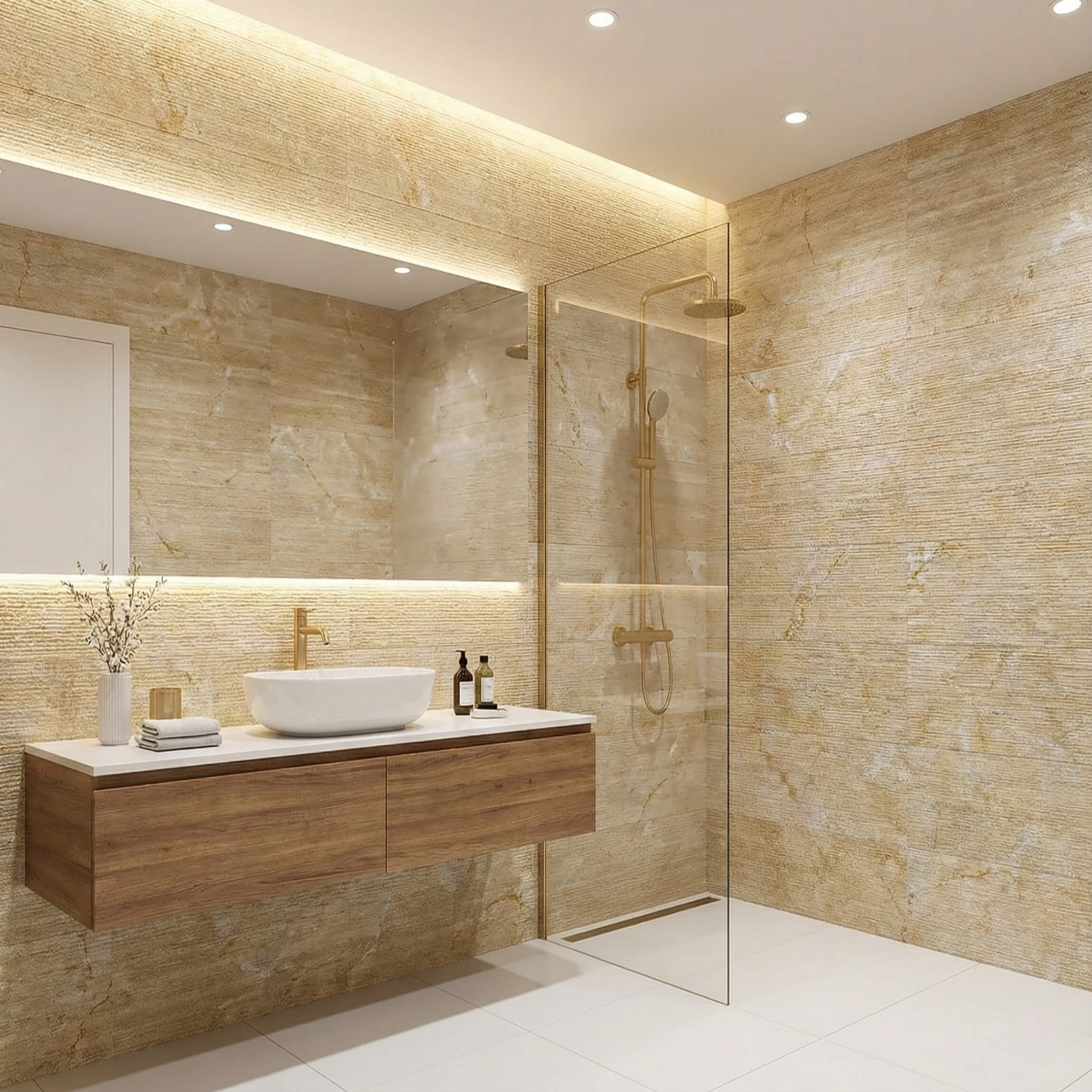 Luxury bathroom with vessel sink vanity and Amber Gold fluted marble wall tiles highlighted by ambient LED lighting.