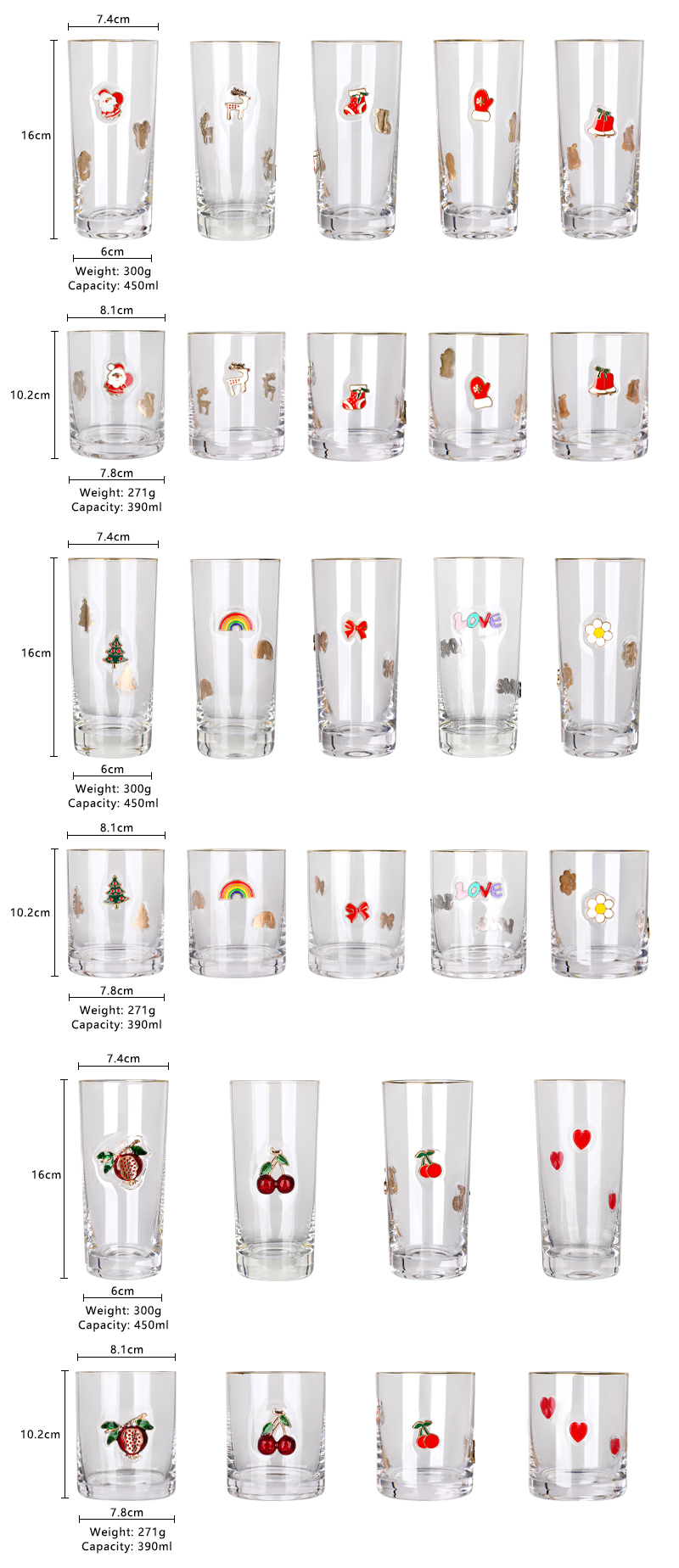 Dimensions and capacities of Highball and Whiskey Tumbler 3D icon glasses