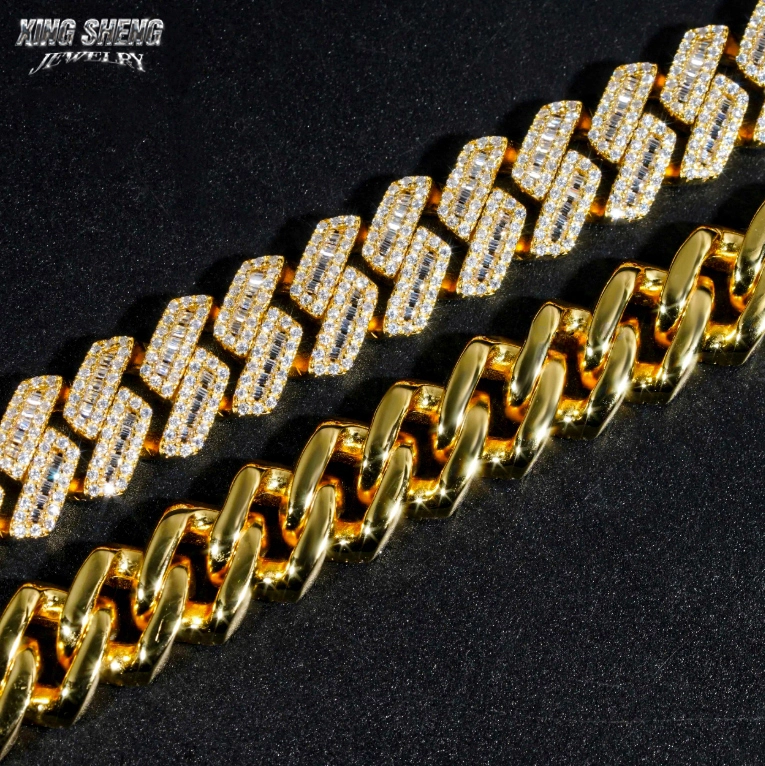 Close-up showing both the iced-out front with precision wax-set moissanite and the polished smooth back of the 15mm S925 silver Cuban link chain.