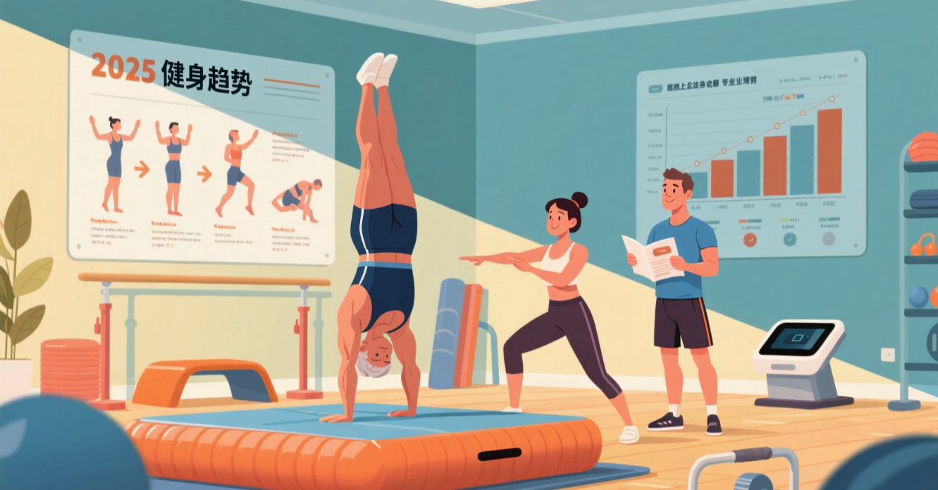 a fitness enthusiast reading a training guide, featuring inflatable mats, smart equipment