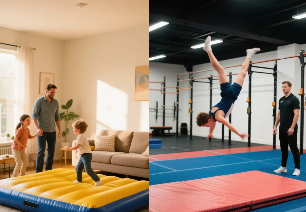 Air mat in home living room vs. traditional mat in professional gym