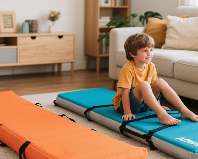 Aftersea lightweight inflatable air track folded and unfolded in a home setting