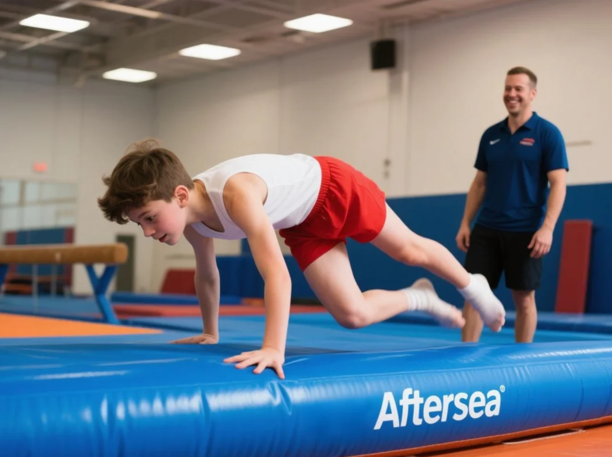 Aftersea inflatable air track in use for gymnastics training indoors