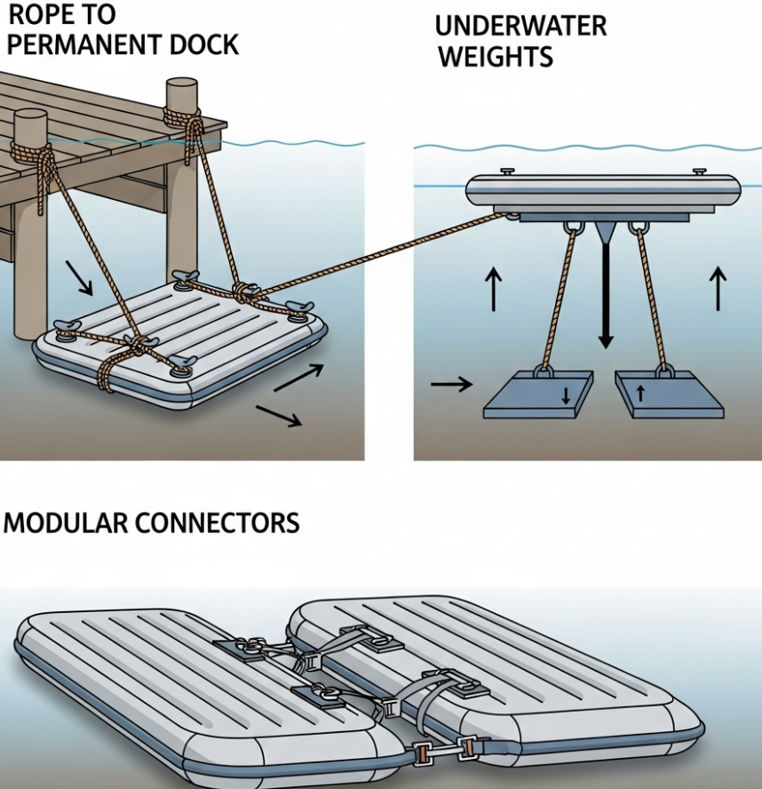 Anchoring methods for inflatable dock platforms used in industrial and commercial applications