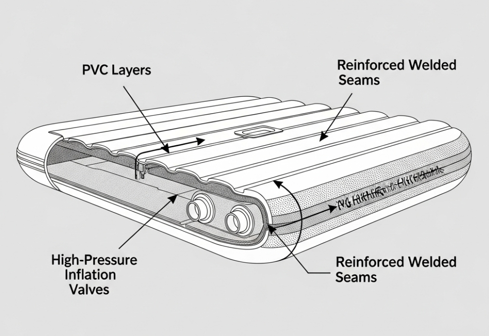 Detailed diagram of inflatable dock platform materials and construction for commercial use