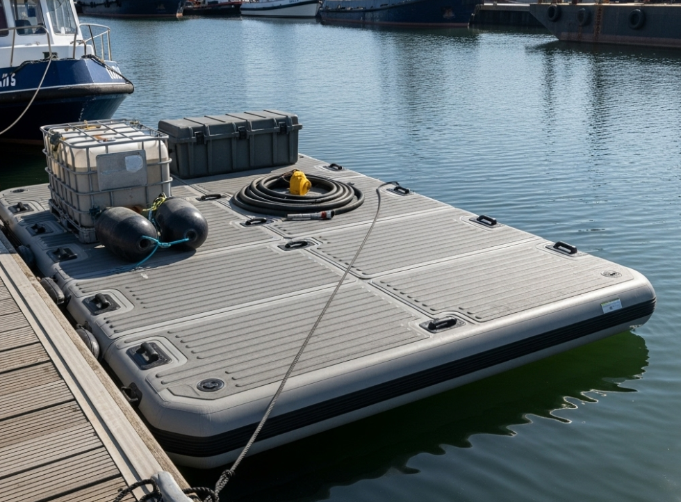 Inflatable dock platform deployed at a commercial marina for B2B operations.