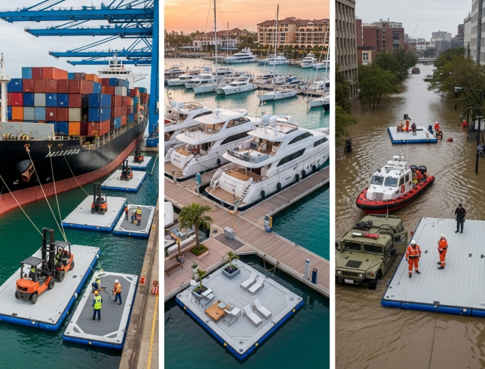 Inflatable dock platforms used in shipping, recreational, and emergency response applications.