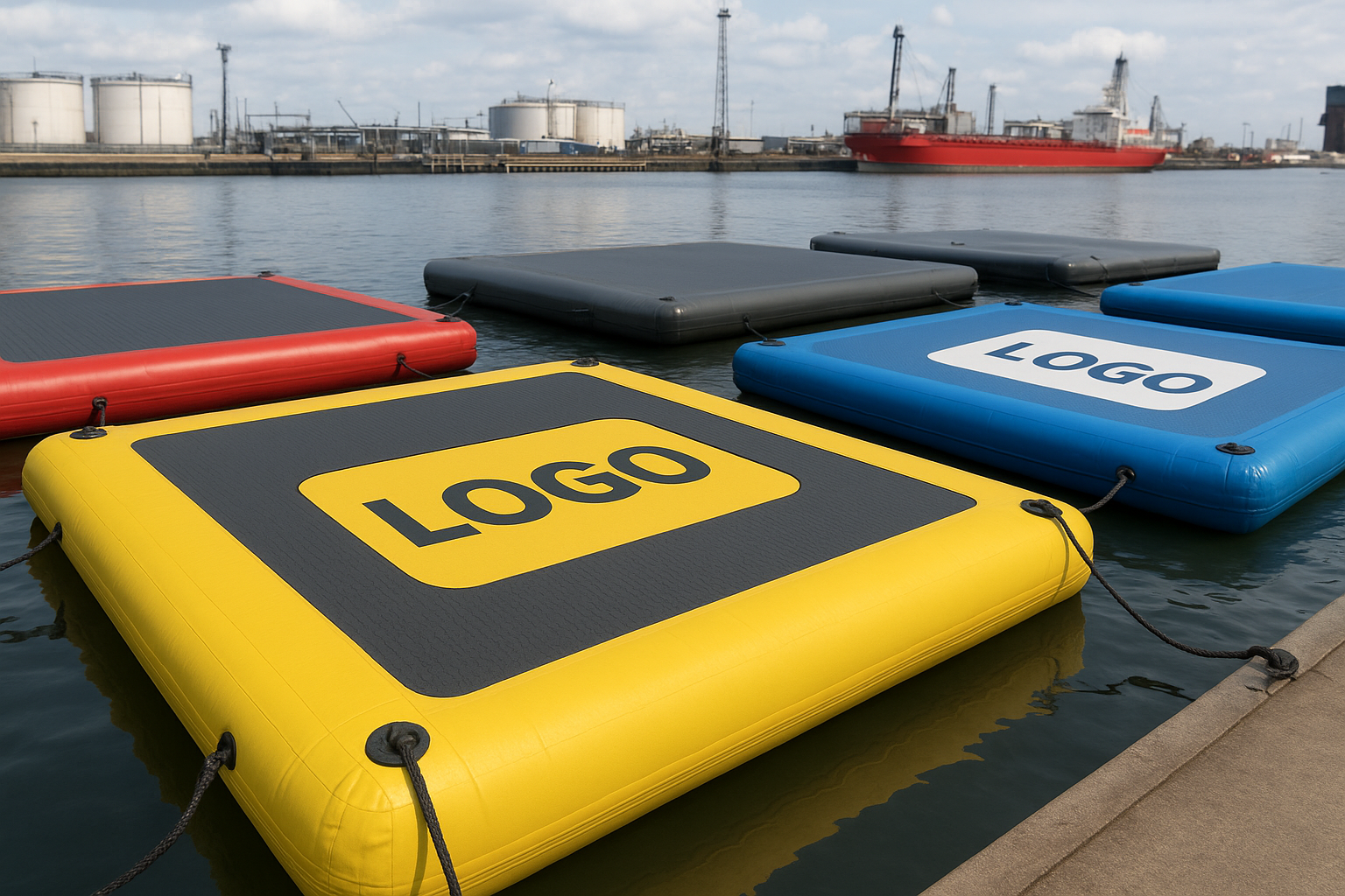 Inflatable dock platforms with custom colors, logos, and modular configurations, professional B2B industrial context
