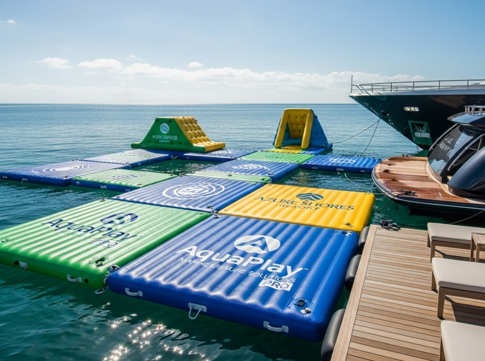Branded inflatable swim platform customized for B2B clients
