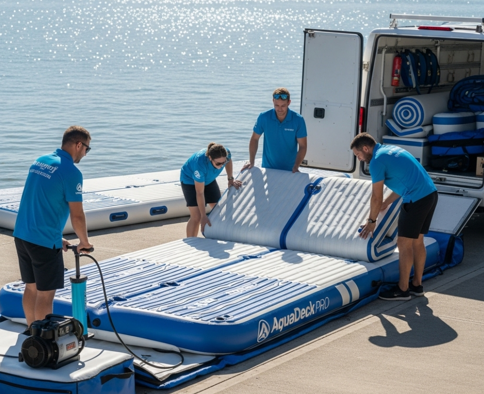 Easy deployment of inflatable swim platform for commercial use