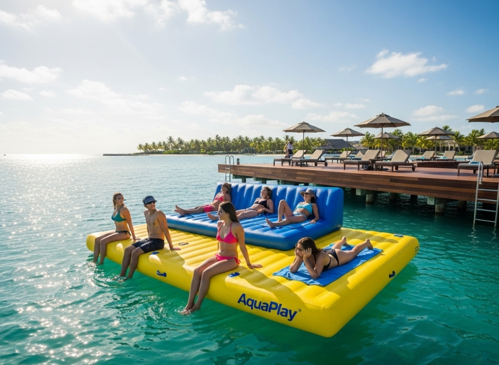 Inflatable swim platform used at a luxury resort for guests and water activities