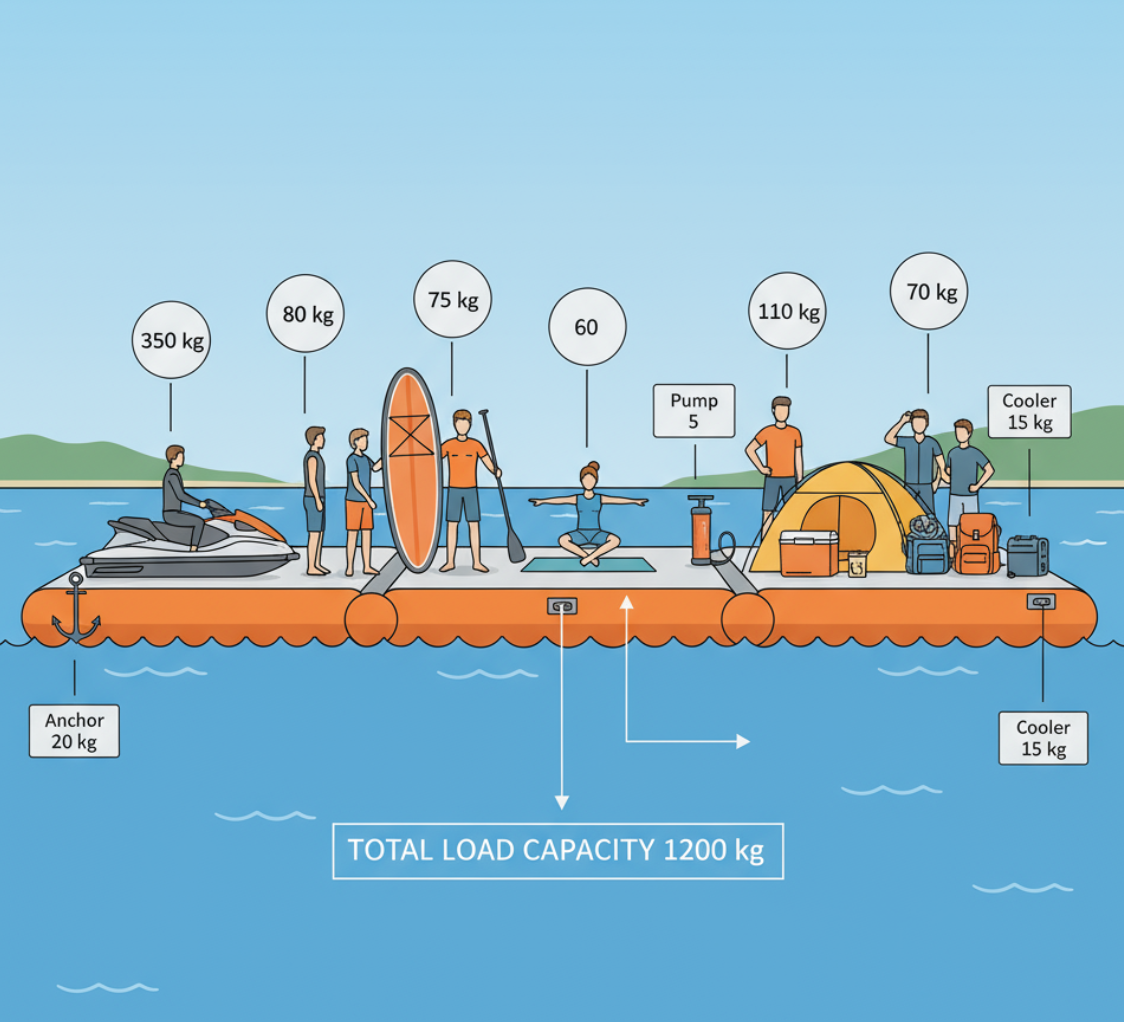 Inflatable dock load capacity illustration with safety certification