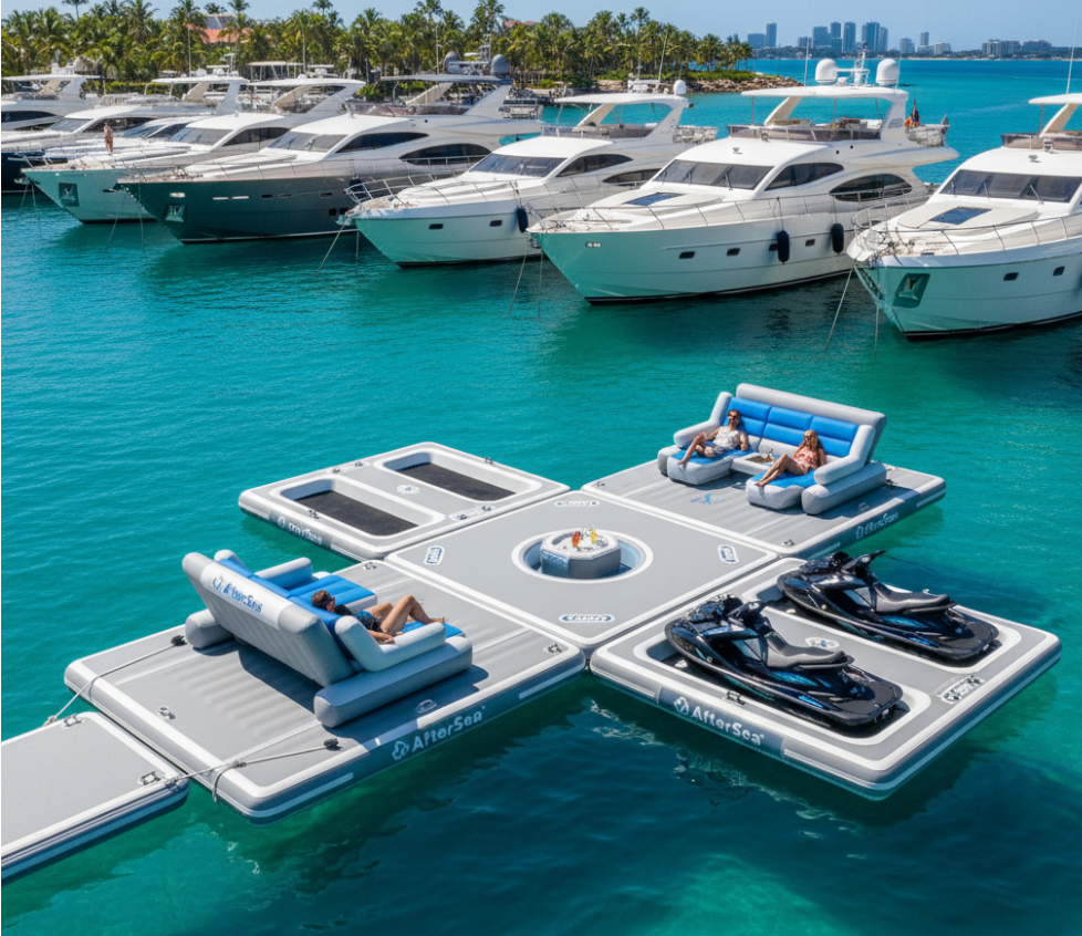 AfterSea commercial-grade inflatable docks deployed for yacht fleets and water sports businesses, showcasing durable and customizable design