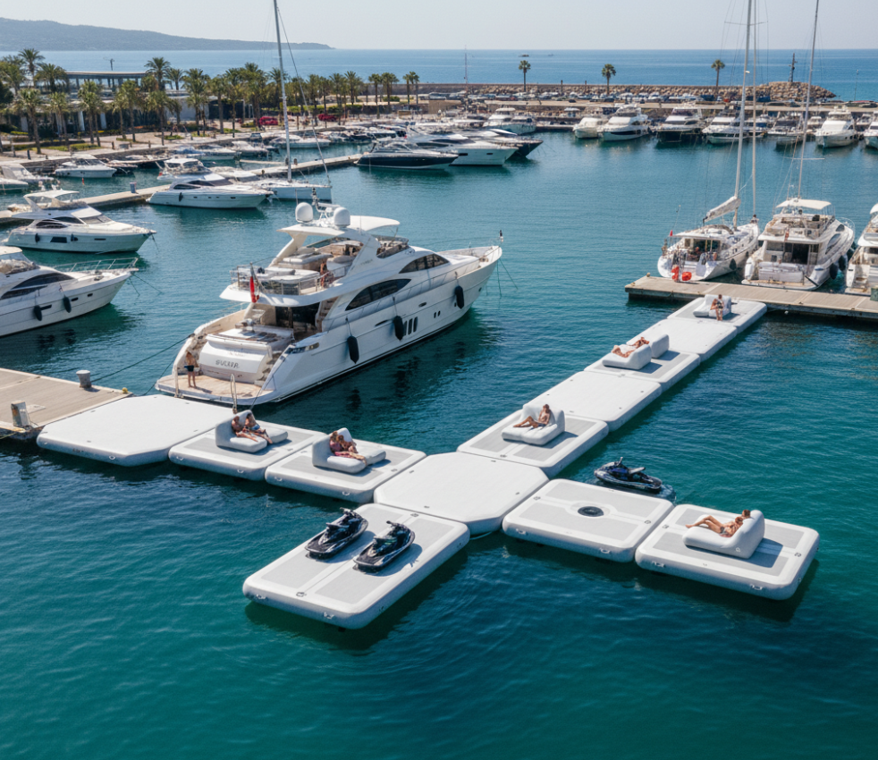 Commercial inflatable dock in marina with yachts and boats, illustrating durable floating platforms for fleet use
