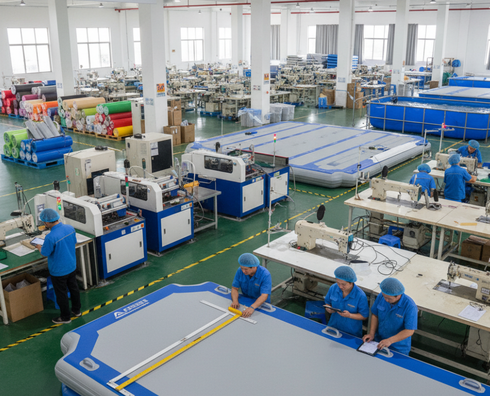 Inflatable dock manufacturing facility in China showing advanced production technology and quality control checks