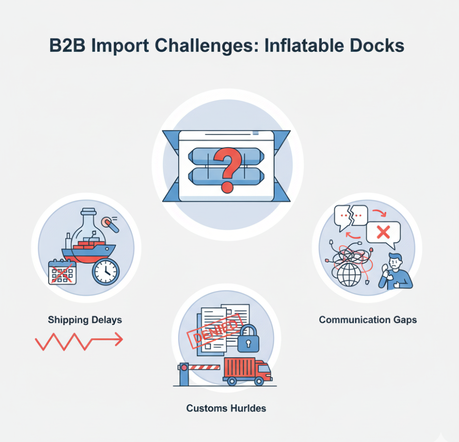 Visual representation of challenges faced by B2B buyers importing inflatable docks including shipping delays, customs, and communication issues