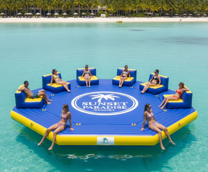 Branded inflatable floating platform designed by a custom size supplier