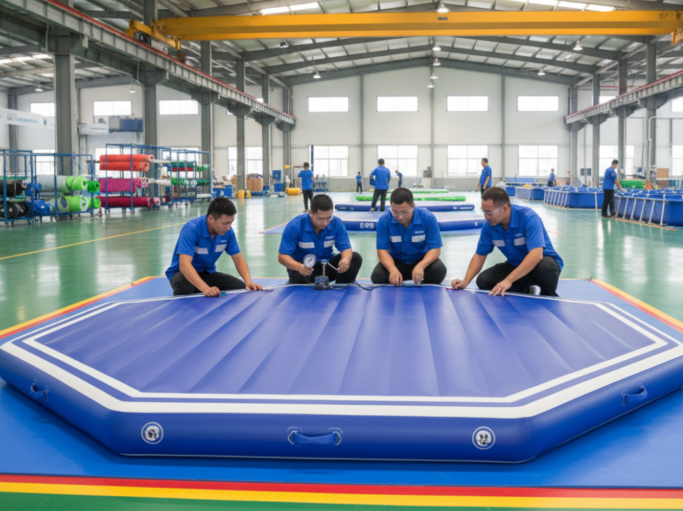 Inflatable platform supplier performing quality checks for B2B clients