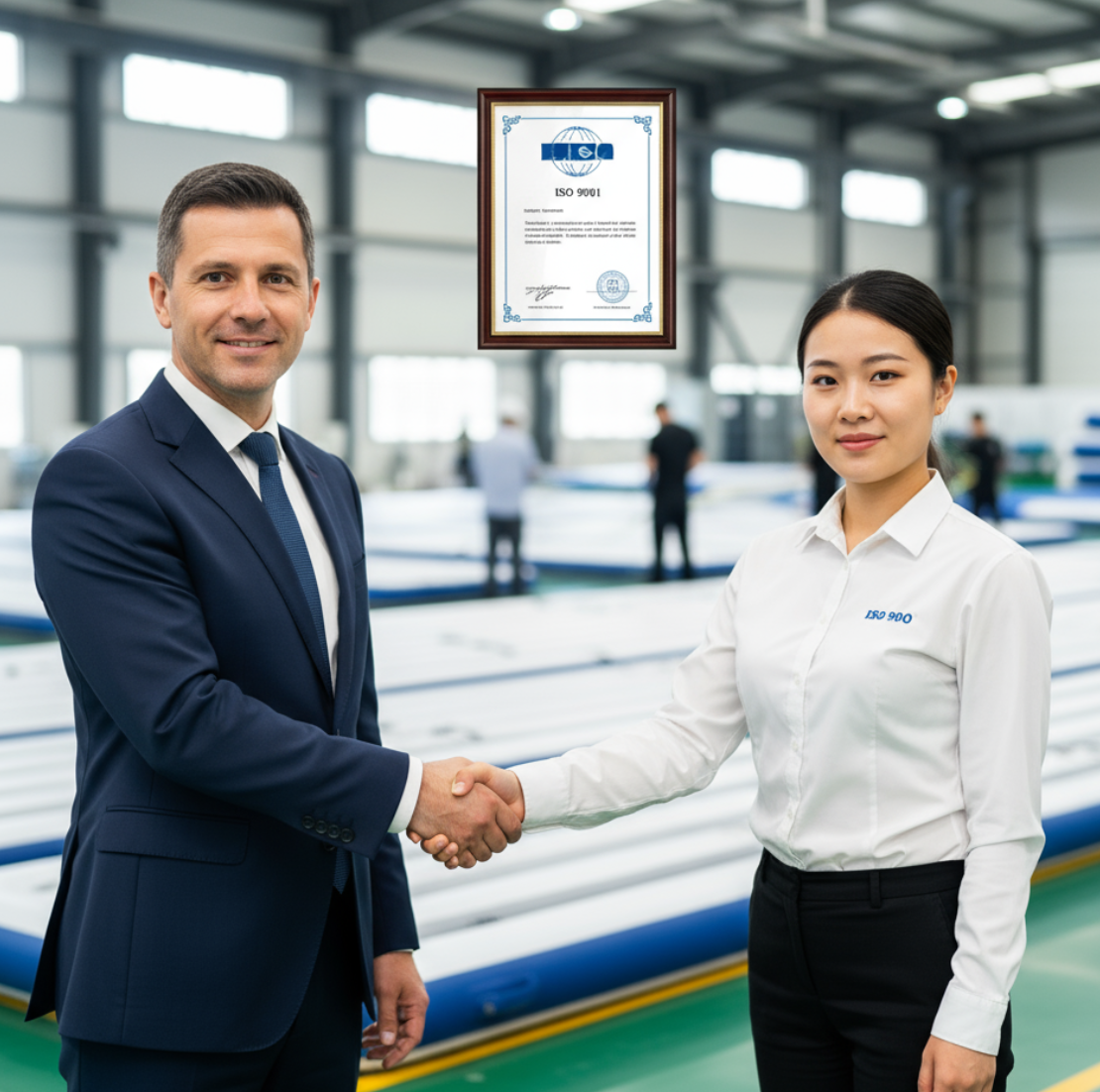 B2B partnership handshake over custom air track design collaboration between buyer and manufacturer