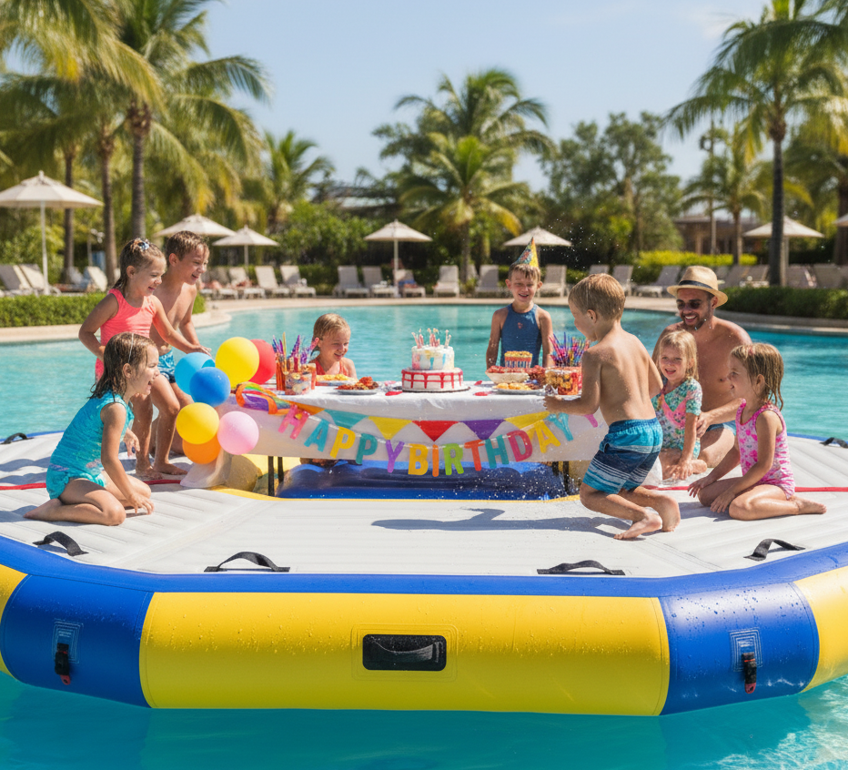 Birthday celebration on inflatable party platform at a water park