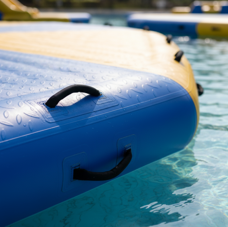 Close-up of drop-stitch inflatable platform with anti-slip surface and safety handles