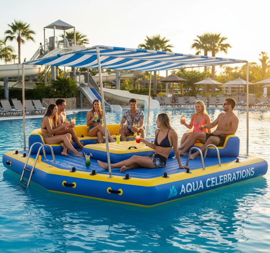 Customized inflatable party platform with branded logos and accessories