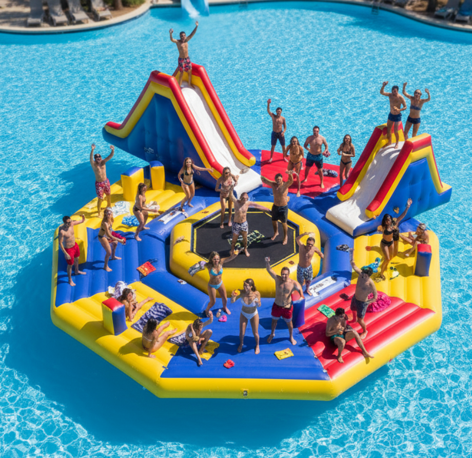 Guests enjoying social experiences on an inflatable party platform for water parks