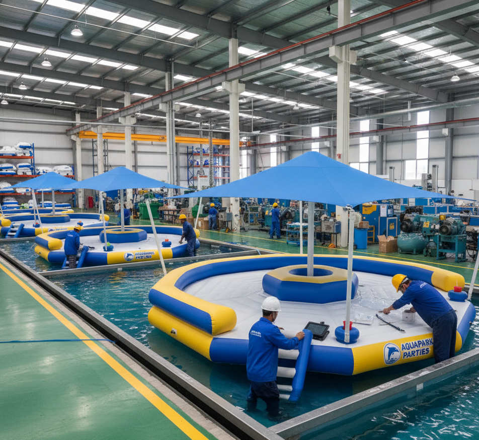 Supplier testing inflatable party platform quality for water parks