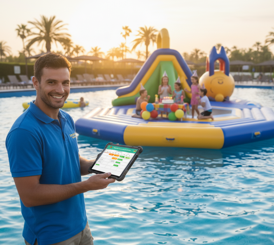 Water park operator managing event bookings on inflatable party platform