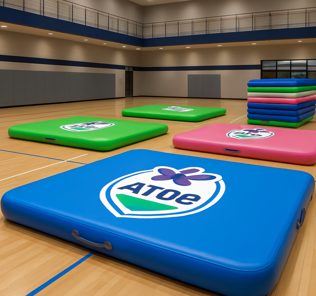 Custom-branded inflatable gymnastic mats used in gyms and schools