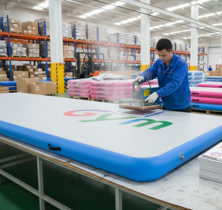 Factory worker applying custom logo branding to an inflatable mat