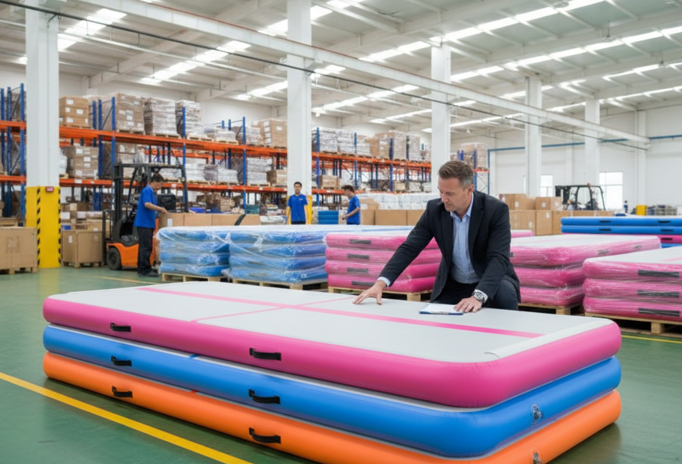 Professional importer reviewing Chinese inflatable gymnastic mats in a warehouse
