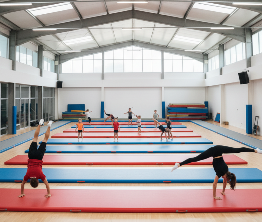 Bulk air track tumbling mats in a professional gym setting